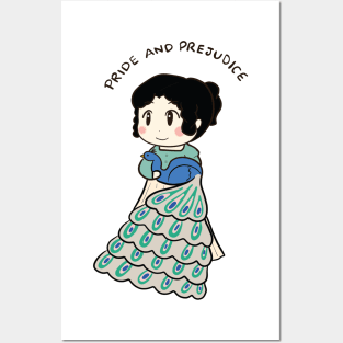 Cute Elizabeth Bennet and Peacock Drawing Posters and Art